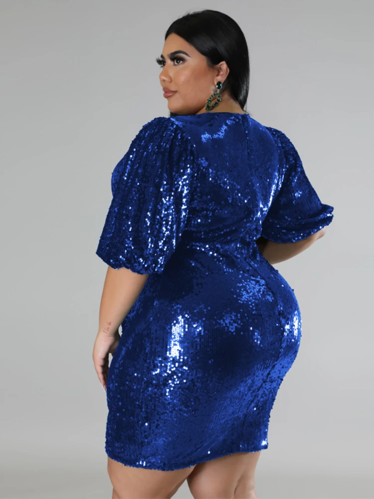 Shiny Sequin Dresses Plus Size Women O Neck Puff Sleeve Slim Fit Mini Dress Gwons Sparkly Party Birthday Nighclub Outfits 4XL