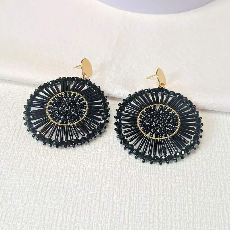 Rice bead earrings Black Originality Long pipe Round Hollow out Crystal Hand knitting Bohemia  Fashion Simple Beaded earrings