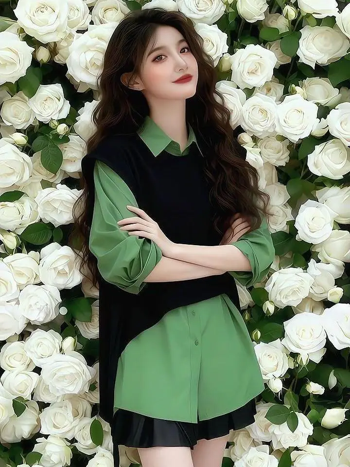 

Весна 2026: Новый модный корейский стиль, повседневный вязаный жилет, комплект с рубашкой для школьной формы, повседневный, средней длины, для взрослых.