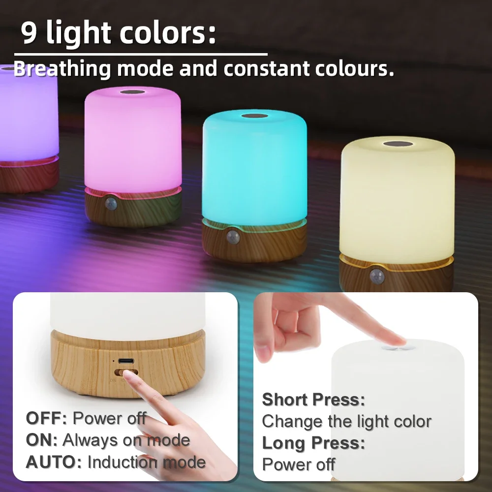 LED محس حركة ضوء الليل 9 ألوان RGB مصباح طاولة ديكور نوع C ضوء غرفة قابلة للشحن لغرفة النوم بجانب السرير وغرفة المعيشة