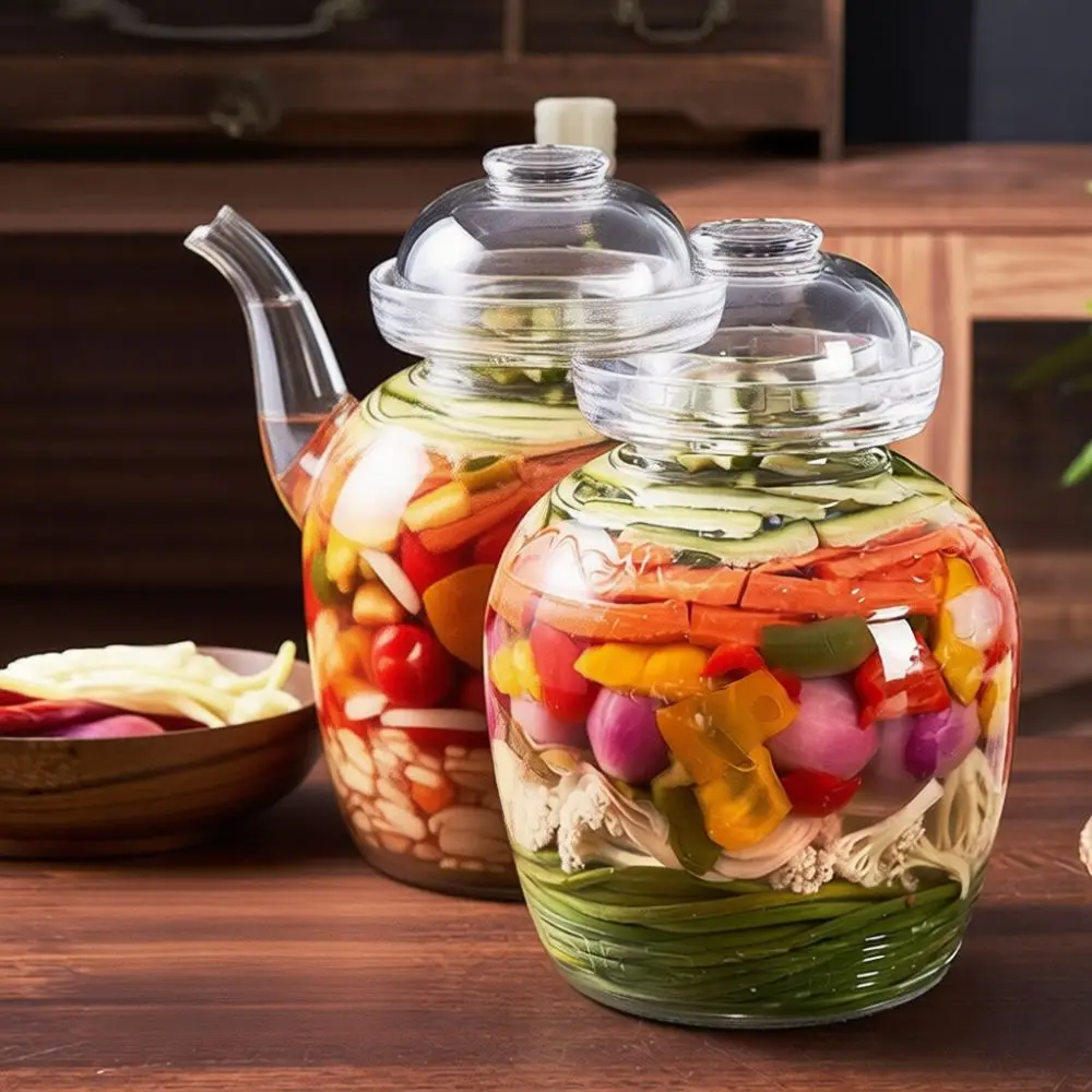 Embossed Glass Kimchi Crock Water Seal Fermentation Jar Transparent Thickened Design Kitchen Food Storage Pickling Container