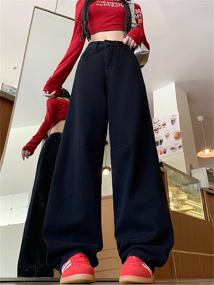 

Джинсы с высокой талией и широкими штанинами, женские осенние джинсы Pear Ape, свободные длинные брюки прямого кроя, большие размеры для похудения