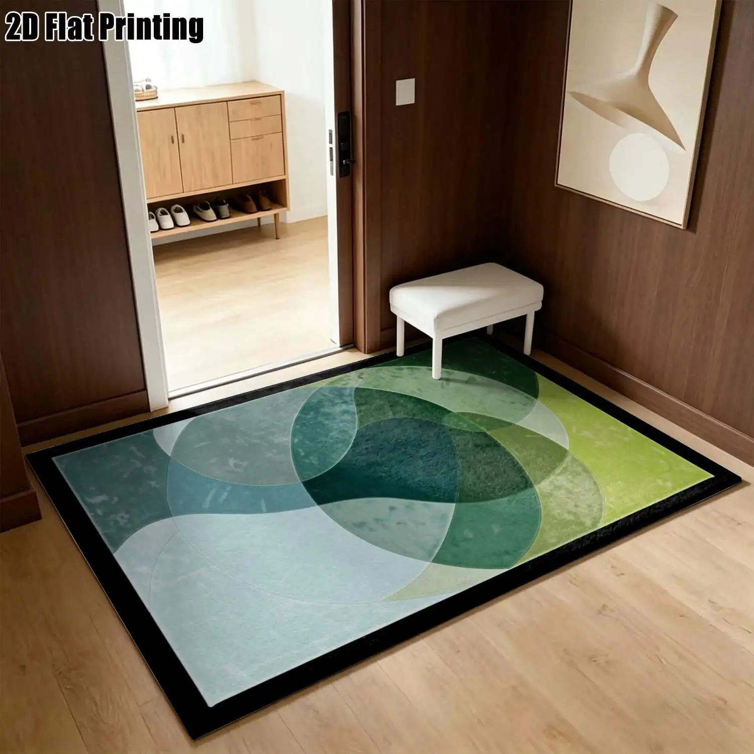 1Pc 2D Printed Carpet: Blue-Green Gradient Geometric Pattern, Nordic/Instagram/Modern Minimalist/European/Vintage Style, Multi-Size, Machine Washable, Ideal for Entrance, Dining Room, Foyer, Bedroom, Living Room as Home Decoration Floor Mat