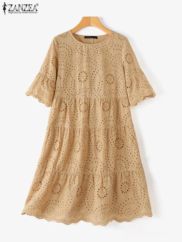 ZANZEA-Robe d'été en dentelle au crochet pour femme, robe d'été brodée, manches courtes, ligne A, robe de soirée de travail, vêtements éducatifs, mode bohème, vacances, été, 2024