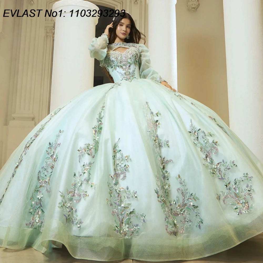 EVLAST Customized Princess Mint Quinceanera Dress Ball Gown Sequins Applique Beading Corset Sweet 16 Vestidos De 15 Anos E1QN739