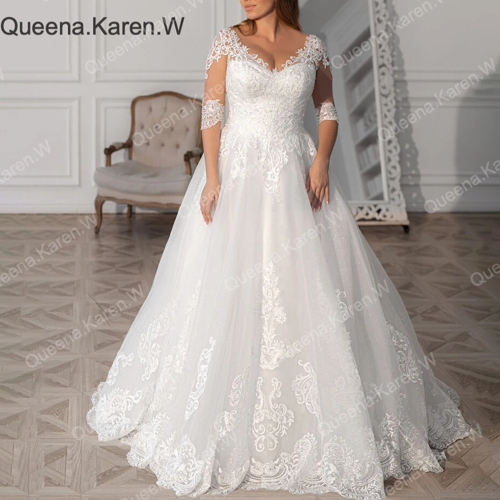 Queena.Karen.W Elegant A line Wedding Dress long sleeve V Neck lace bride dress robe de mariee A line Wedding Bridal Gown