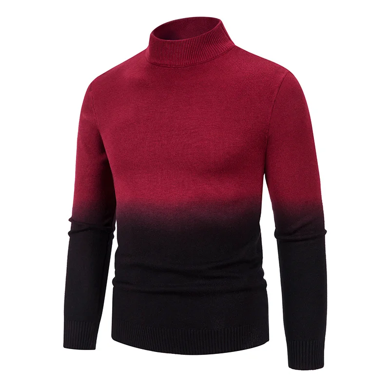 New Gradient Man Sweaters Mock Neck Long Sleeve Knitted Sweater Pullovers Slim Fit Stand Collar Casual Patchwork Jumper