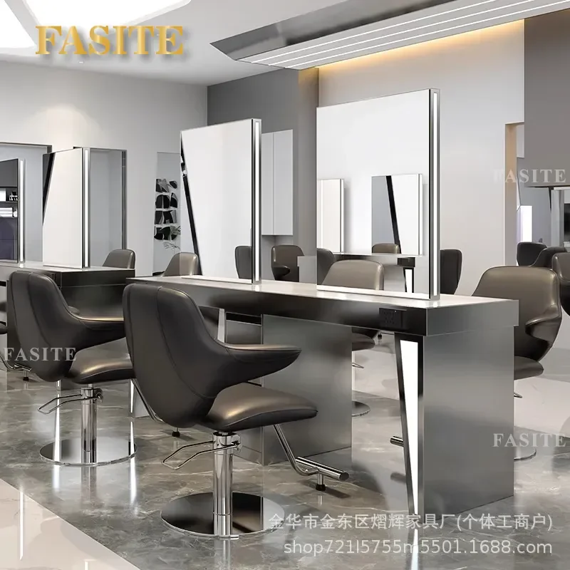 For Barber Shop Hair Stainless Steel Double Sided Mirror Table Cabinet Integrated Perm Dyeing Cutting Station Factory