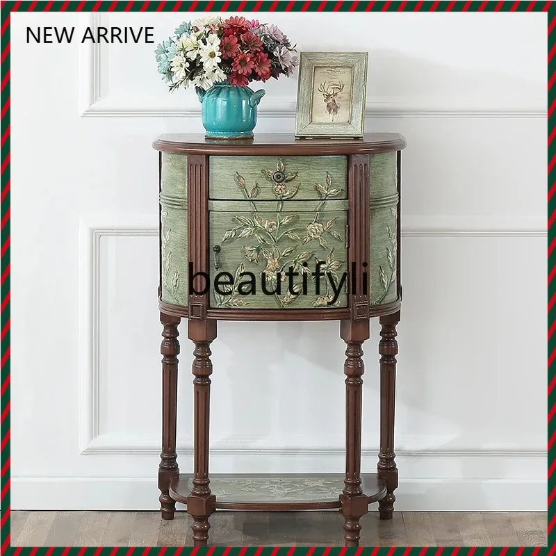 

D2520 American retro semicircular entrance cabinet painted home decoration cabinet solid wood foot small entrance table