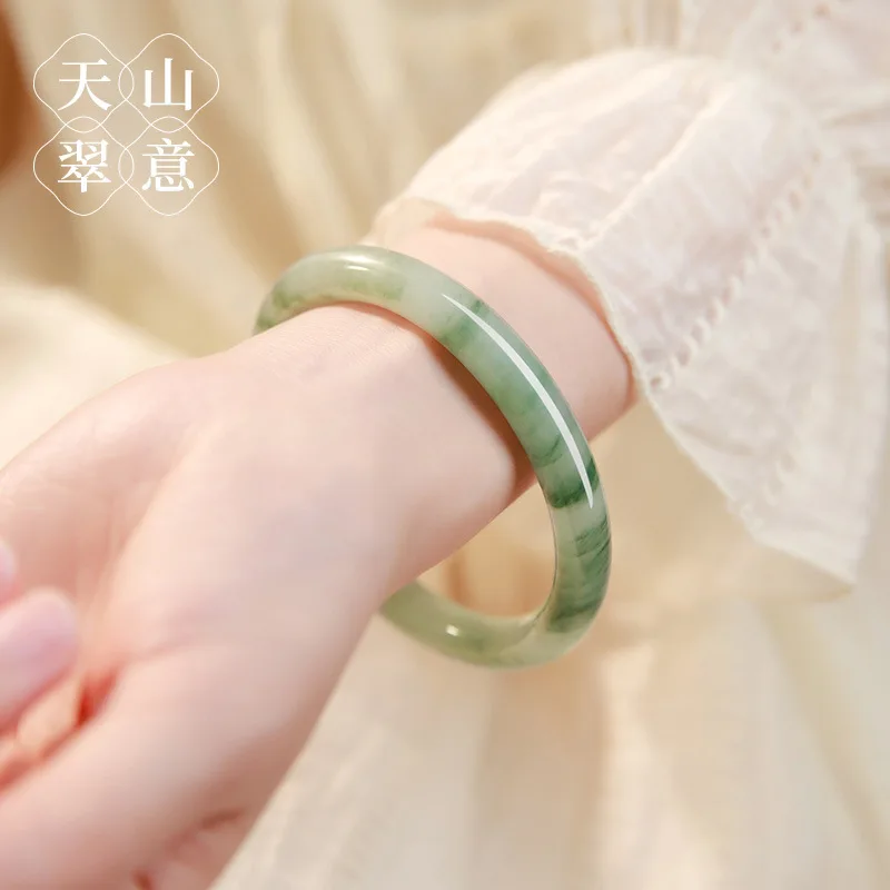 Tian Shan Cui Bracelet Live Broadcast in Stock Xinjiang Xue Cui Jade High Quality Ice Jadeite Jade Gold Silk Chalcedony Female G