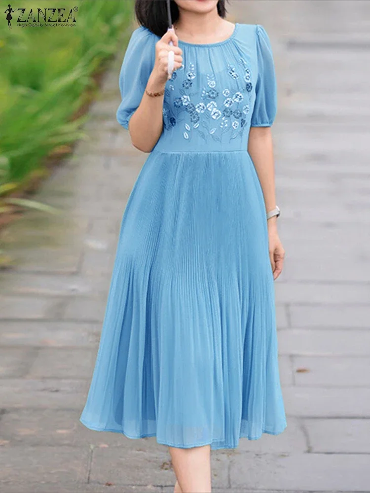 

ZANZEA Casual Loose Pleated Dress Women Summer Sundress Vintage Floral Printed Vestidos 2025 Fashion Short Sleeve Mid-Calf Robe