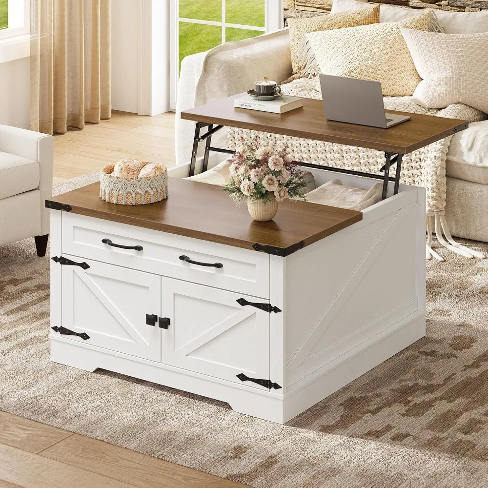 

Farmhouse Lift Top Coffee Table with Storage, Square Wooden Center Table with Drawers for Living Room, Rustic Coffee Table