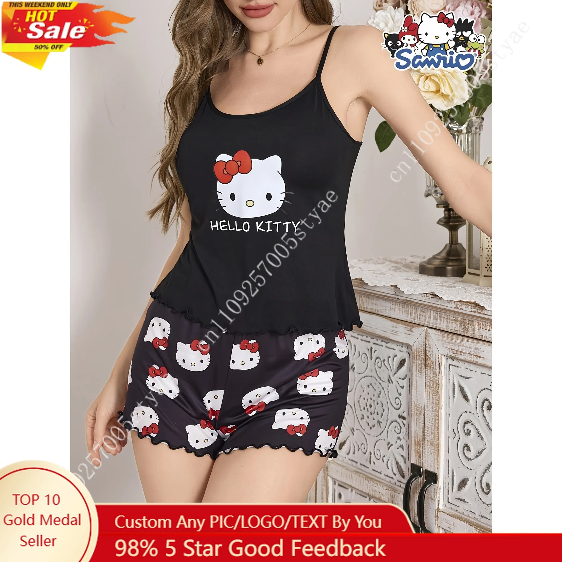 

Sanrio Hello Kitty Bowknot Women's Pajama Set with Camisole and Shorts, Cartoon Print Home Wear Comfortable Casual Loungewear