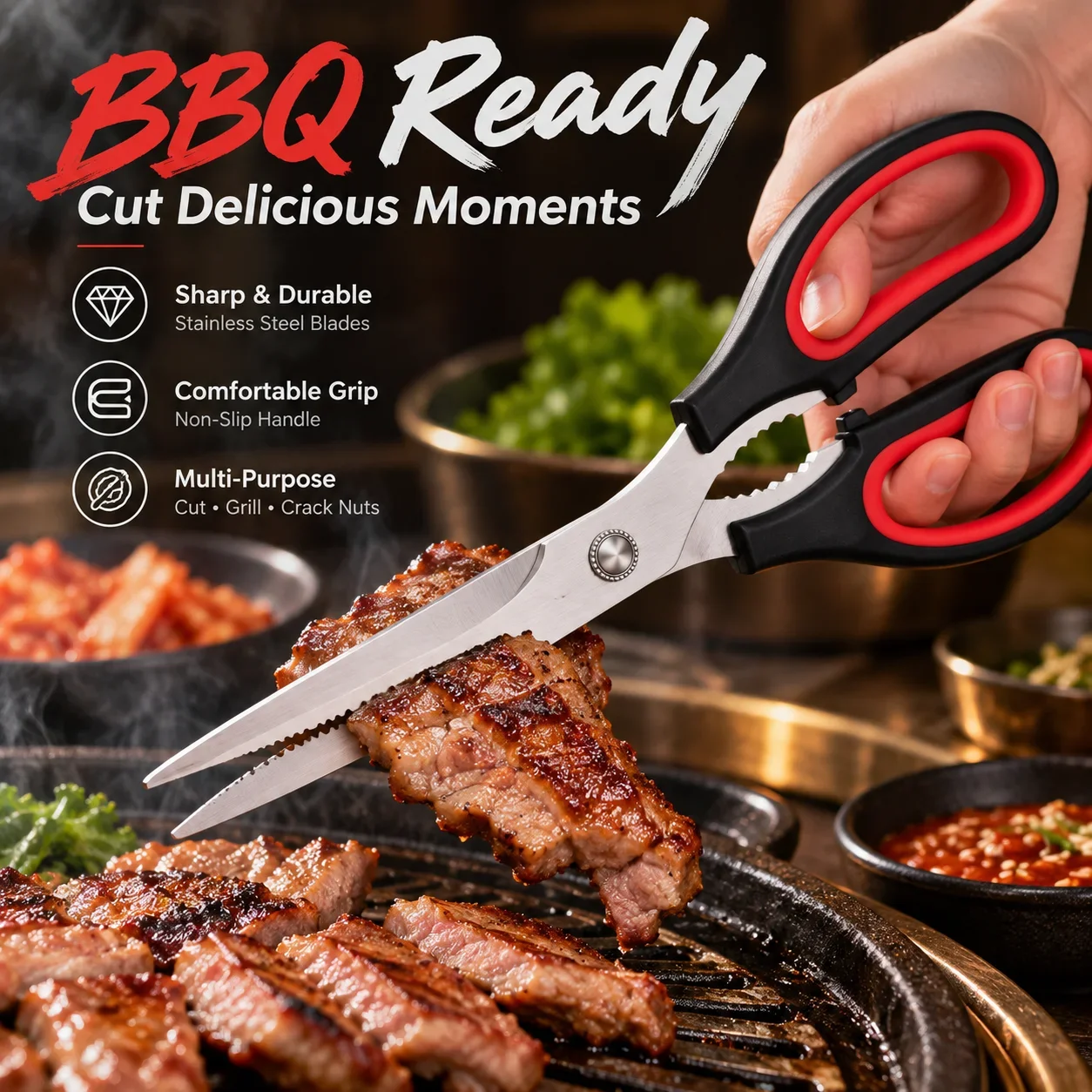 Korean BBQ Stainless Steel Scissors, Multi-Function Kitchen Food Shears, Chicken Bone and Steak Cutter for Home