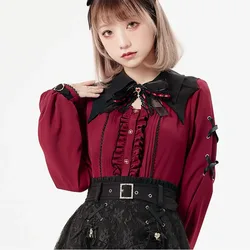 Gothic Y2k Lolita Shirt Japanese Harajuku Women Girls Sweet Lace Ruffles Bow Long leeve Bat Collar camicette Punk Clothes Tops