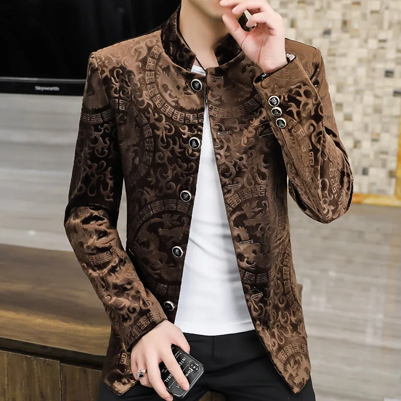 Luxury Velvet Standing Collar Suit Jacket for Men Autumn Winter Chinese Style Blazers Slim Fit Casual Business Blazer Masculino