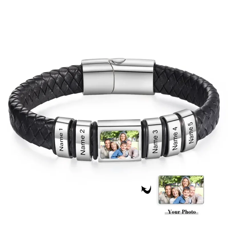 

Personalized Photo Bracelet for Men Custom Picture Bracelet Leather Engraved Name MagnetBracelet Jewelry Gift for Men