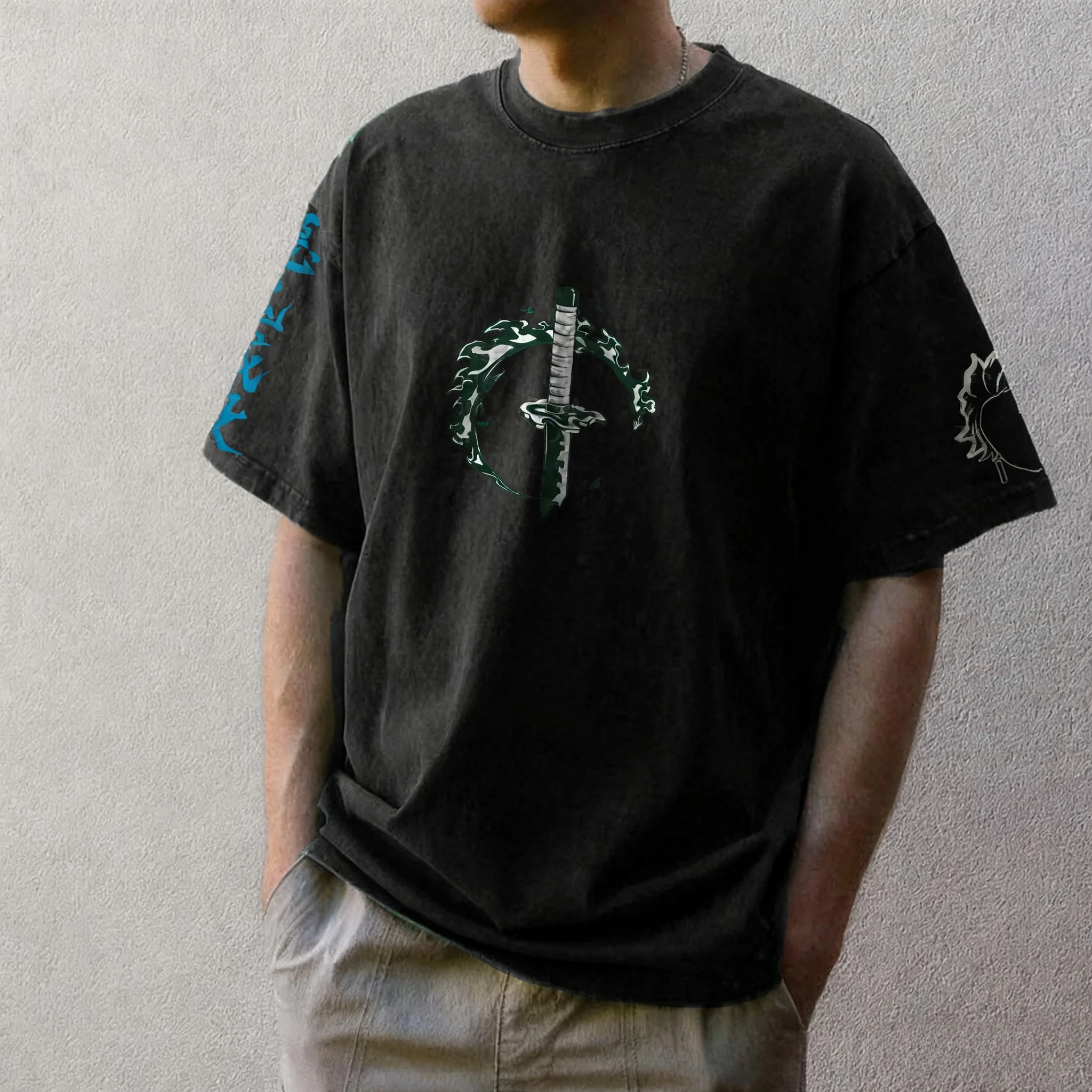 شيطان القاتل أنيمي مطبوعة الجبهة والخلفية تي شيرت 2026 الرجال الصيف جديد الأمريكية الهيب هوب العصرية عادية فضفاض الوالدين والطفل