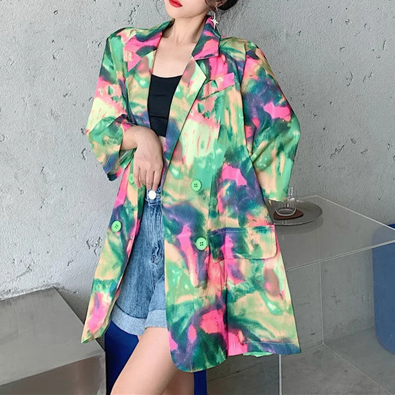 2023 New Summer Fashion Personality Design Sense Fried Street Tie Dye Ink Painting Short Sleeve Medium Long Women's Blazer