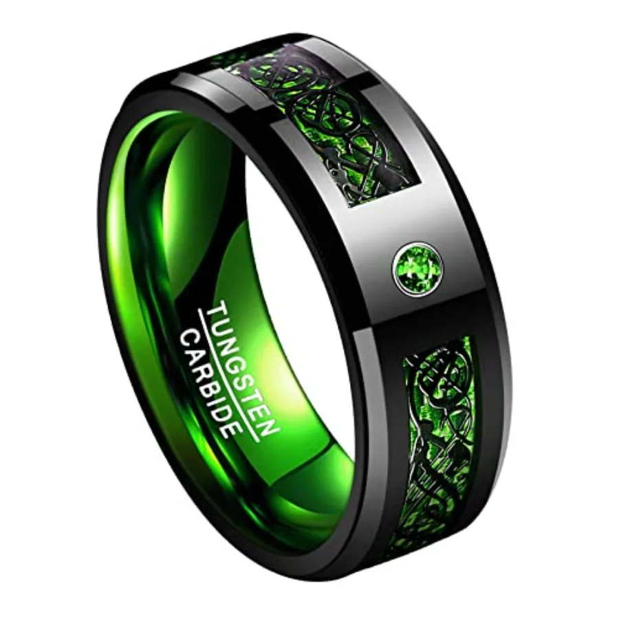 

8mm Black Celtic Dragon Tungsten Carbide Wedding Ring with Carbon Fiber and CZ Inlay Polished Finish Beveled Edge Size 6
