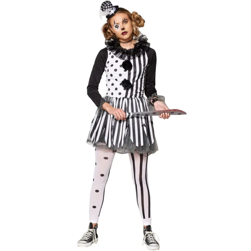 Conjunto de disfraz de payaso aterrador de Halloween para niña, vestido a rayas de lunares, mallas, traje para fiesta, mascarada, celebración, ropa de Cosplay