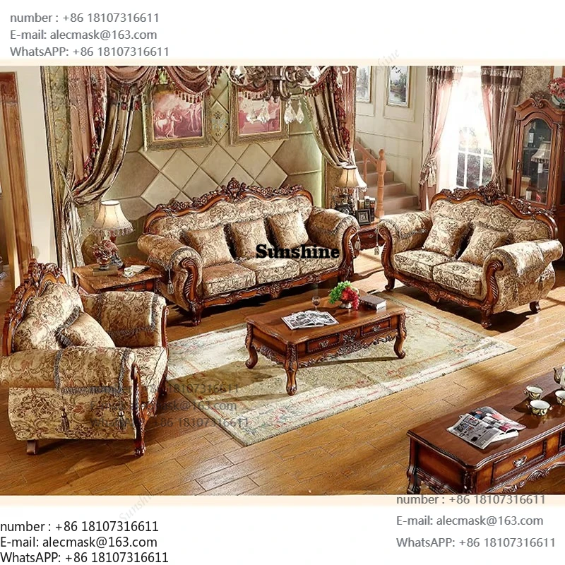 

Classical European sofa furniture luxury living room wooden carved leather sofa set