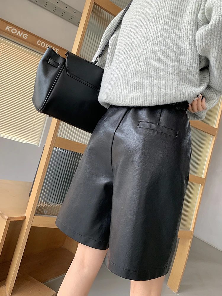 Gray Vintage Leather Women\'s Wide Leg Shorts For Boots High Waist Loose Bermuda Casual Winter Knee Length Pu Short Pants Female