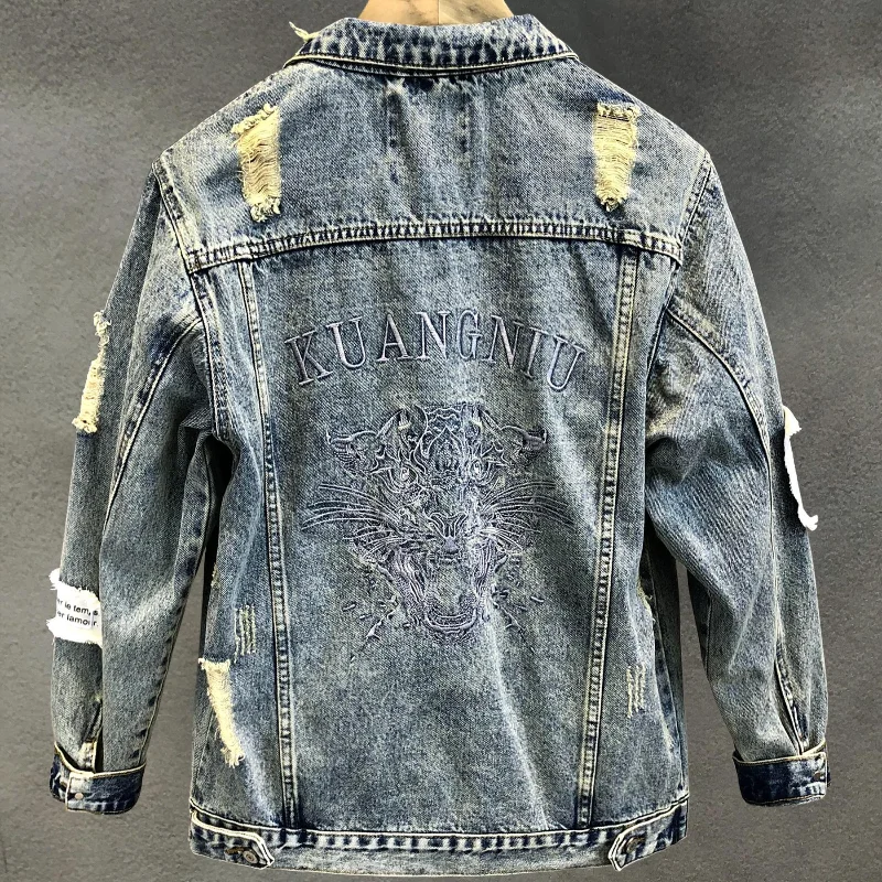 Spring and Autumn New Men's Fashion Slim Fit Popular Jacket Broken Hole Embroidery Denim Coat