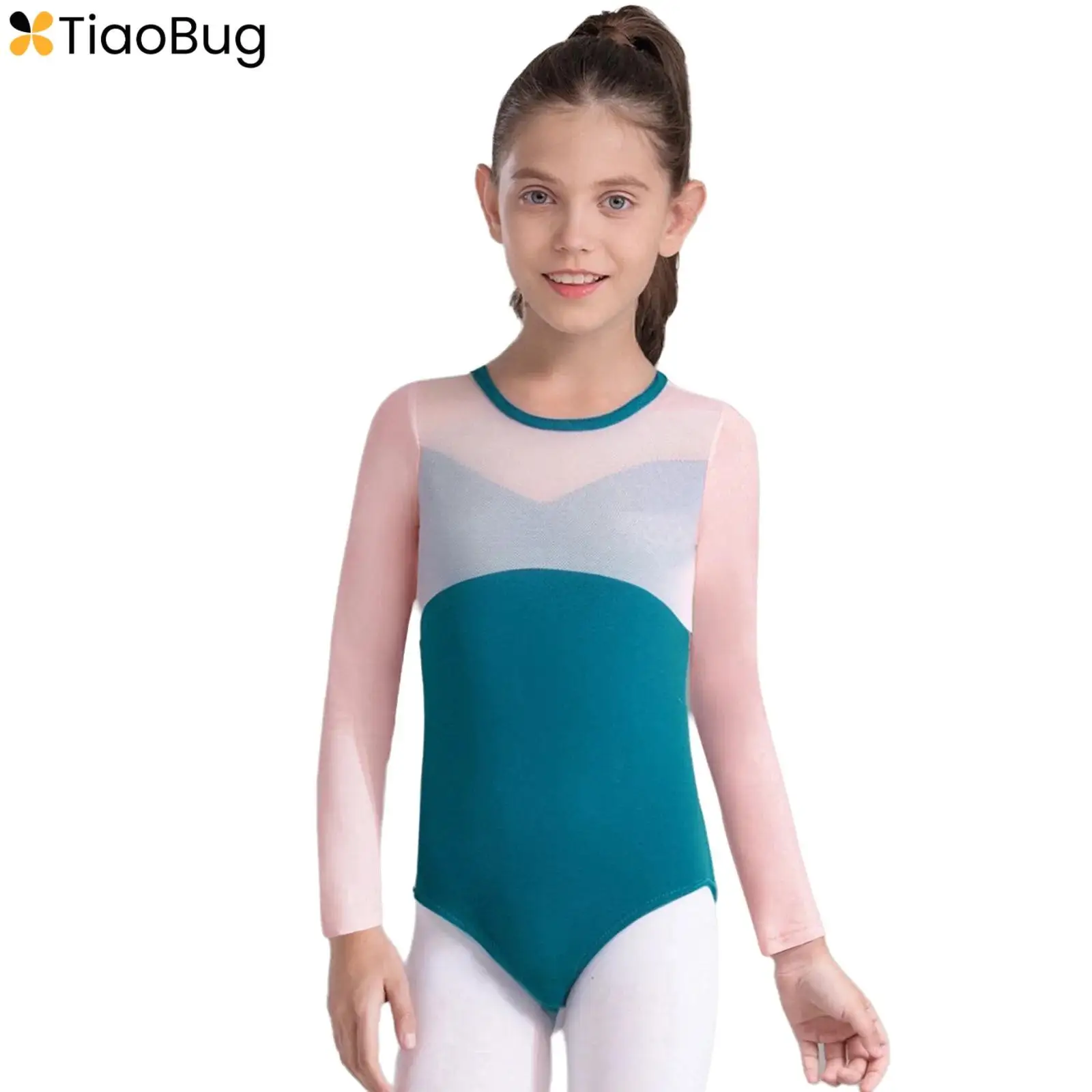 

Kids Girls Ballet Dance Leotard Round Neck Long Sleeves Press Button Crotch Color Block Sheer Mesh Splice Bodysuit Dancewear