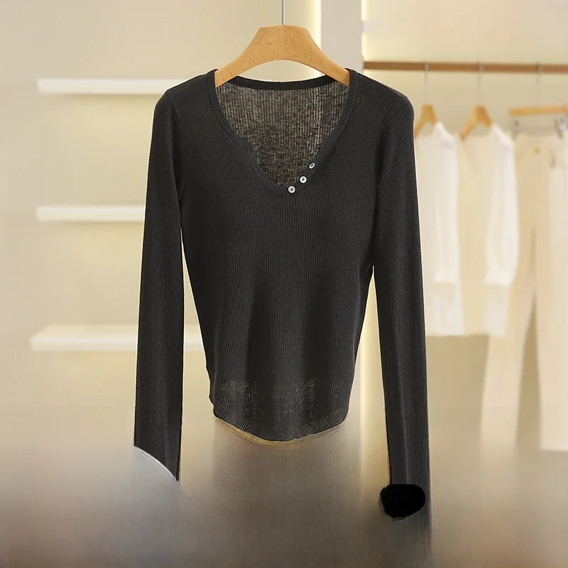 

Yao 326 Pure Wool Slim Fit V-Neck Thin Knitwear Brand Button Spring Women's Fashionable Casual Long Sleeve Short Length