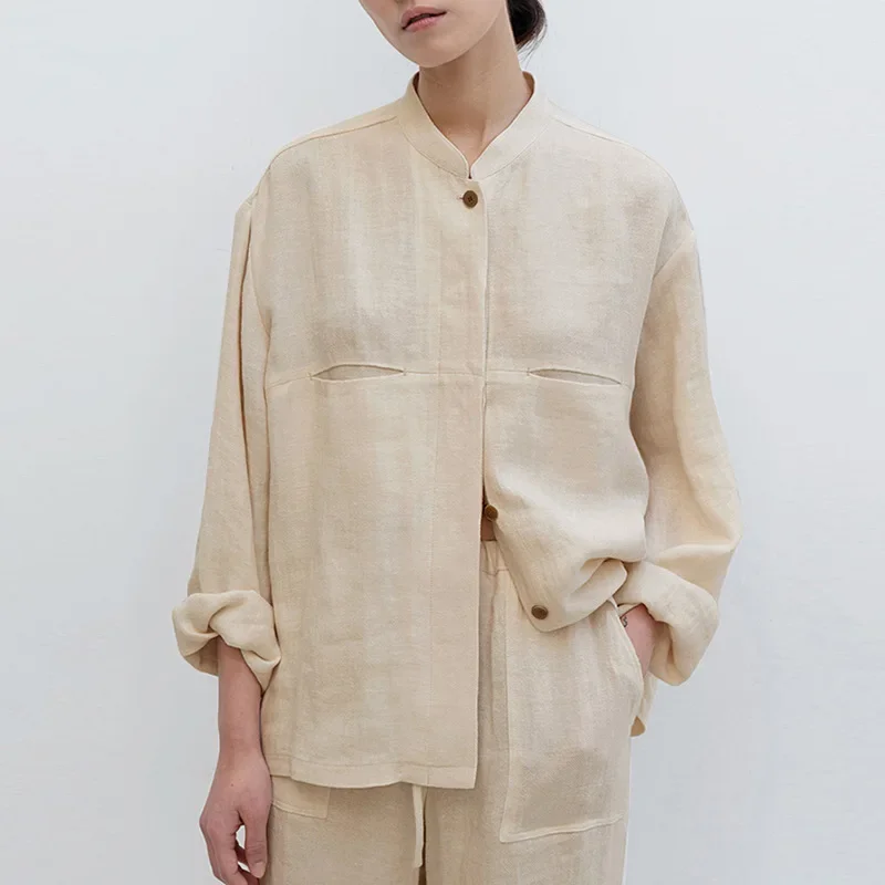 

Vintage 100% Linen Shirt Women Tops Retro Stand Collar Long Sleeve Autumn Shirt Female Blouse Streetwear Black Shirts Lady Top