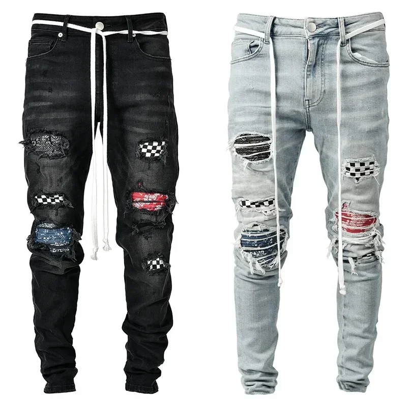 

Men Jeans Denim Pants Pencil Pant Slim Fit Hole Print Pockets Straight Trousers Casual Elastic Waist Lace Up Autumn 2024