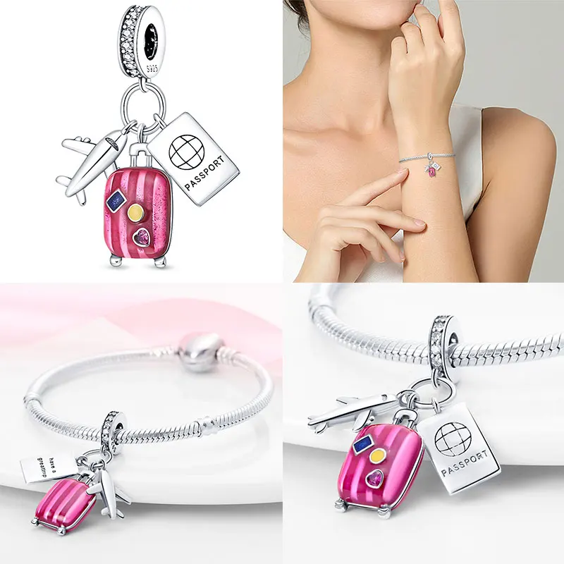 Hot Sale Luggage Airplane Passport Three-piece Set 925 Silver Charms Fit 925 Original Bracelet Jewelry Making For Women Gift