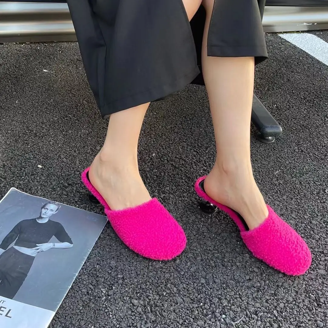 Fur Women Slippers Round Toe Slides Mules Shoes 2023 New Arrivals Thin Mid Heels Black Green Rose Fashion Dress Shoes Woman 39