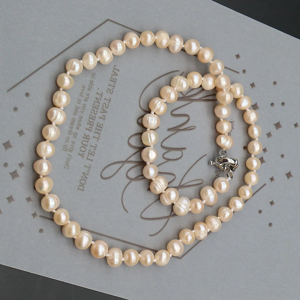 

7-8mm Orange Baroque Pearl Necklace Irregular Round Freshwater Screw Pearl Spacer Beaded Jewelry Elegant Woman Wrist Ornament