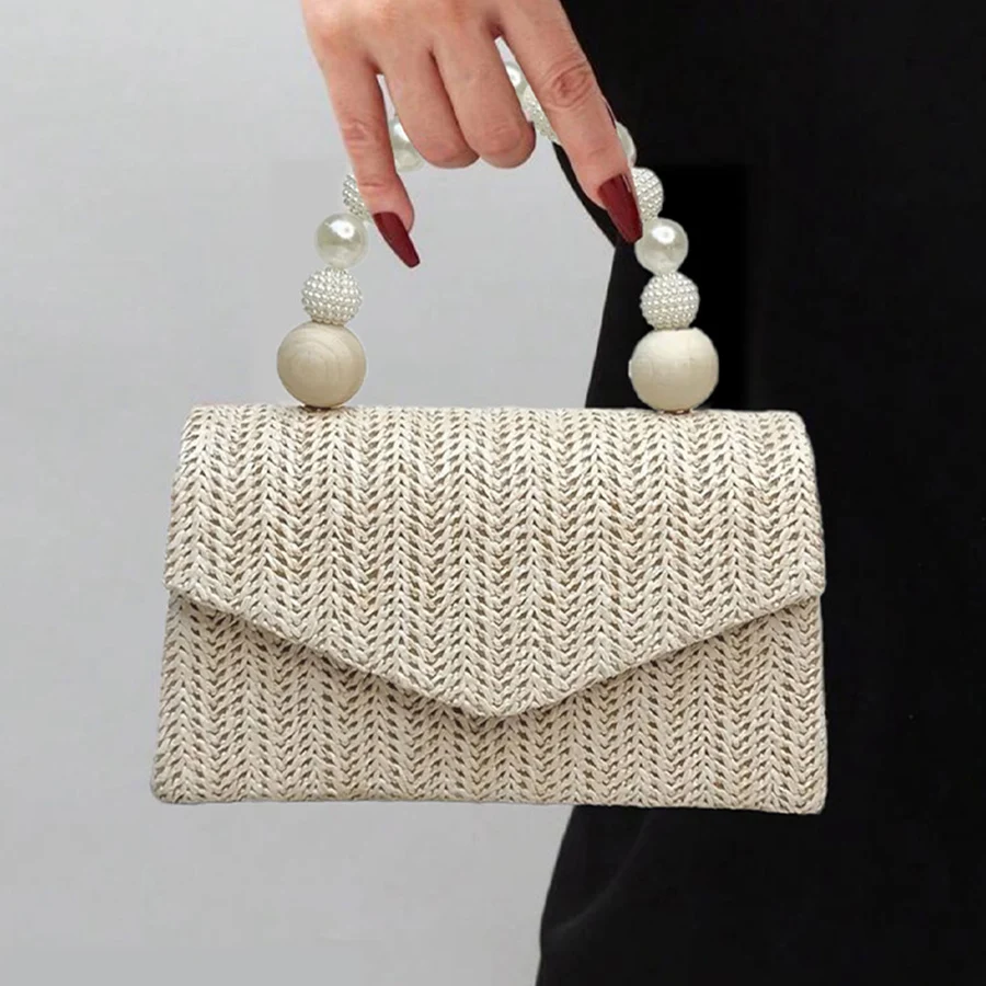 

Summer Handwoven Straw Rattan Beach Handbag Small Women Woven Chains Flap Crossbody Shoulder Bag Beaded Handle Clutch Purse Sac