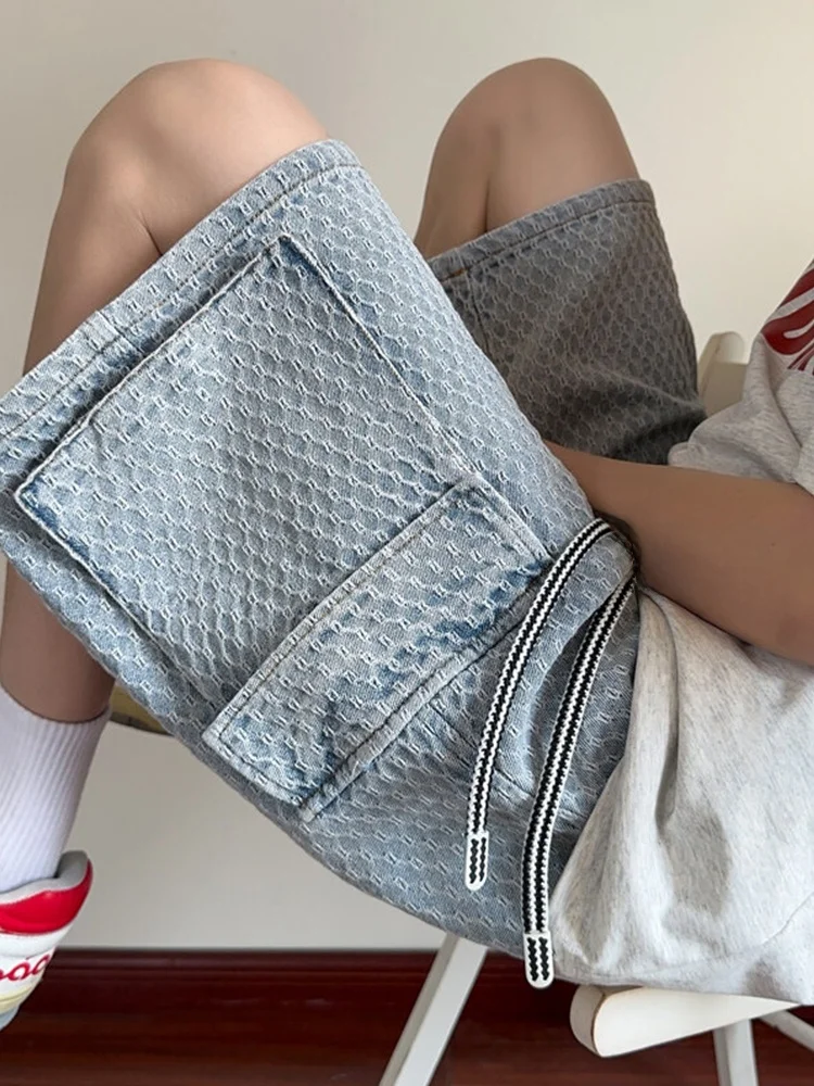 

Голубые джинсовые брюки с талией, мужские летние брюки в стиле американской улицы в стиле пэчворк, джинсы длиной пять четвертей