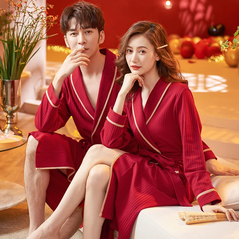 

Spring Wedding Festive Red Men Kimono Bathrobe Couple V-Neck Robe Night Gown Sleepwear Women Cotton Yukata Big Yards M-XXXL