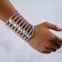 Colourful Mutilayer Round Bangle Bracelet for Women Bell Dance Jewelry Hollow Geometric Rhinestone Hand Bracelet Chain Ballroom