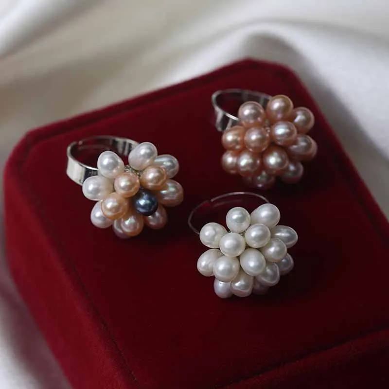 Elegant Natural Freshwater Pearl Flower Rings for Women Bridal 5-6mm Small Rice Baroque Pearl Ring Bands Wedding Luxury Jewelry