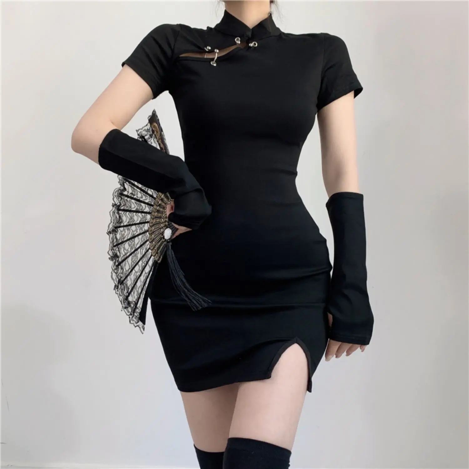 Mini Dress Women Summer Slim Chinese Style Bodycon Short-sleeve Mature Vintage Hollow Out Design Chic Buttons Gothic Vestidos