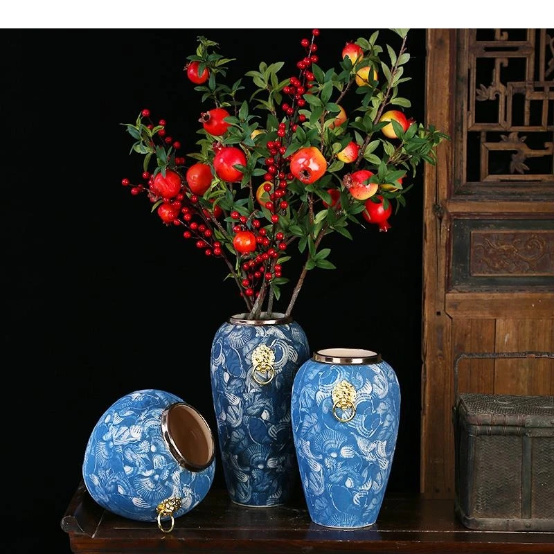 Modern Golden Ring Ceramic Vase Flower Arrangement Desktop Decoration Blue and White Porcelain Home