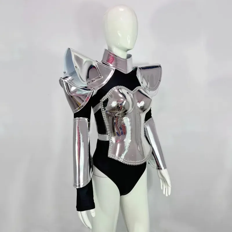 Nightclub DJ Gogo Costume Punk Style Silver Laser Bodysuit Women Pole Dance Clothes Rave Outfit Stage Performance Wear