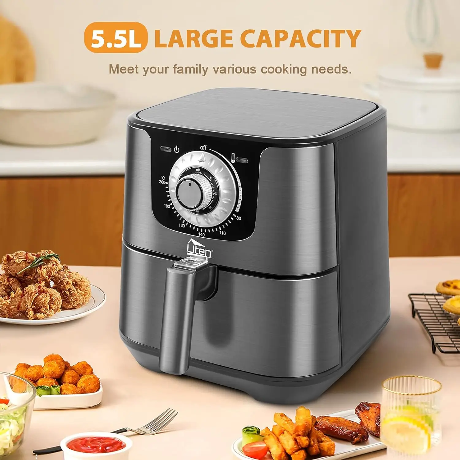 5.8 Quart Air Fryer, 1700W Oilless Cooker, Non-Stick Basket, Manual Control with Timer & Temp Knob, Black