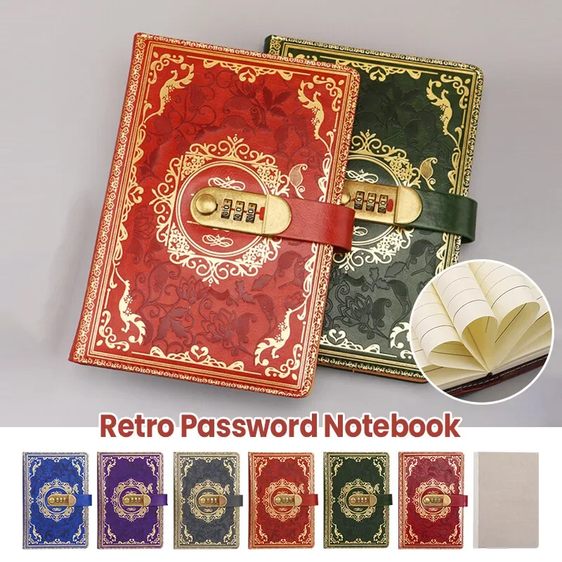 A5 Retro Digital Password Notebook Journal with Lock Diary PU Leather Privacy Notebook Sub-Password Lock Notebook Supplies