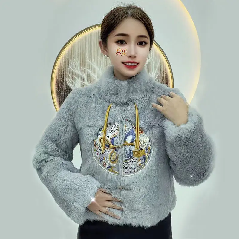 Thickened Faux Fur Jacket Chinese Style Button Mid-aged Winter Coat Integrated Leather and Fur New Style Chinese Fashion Wh113