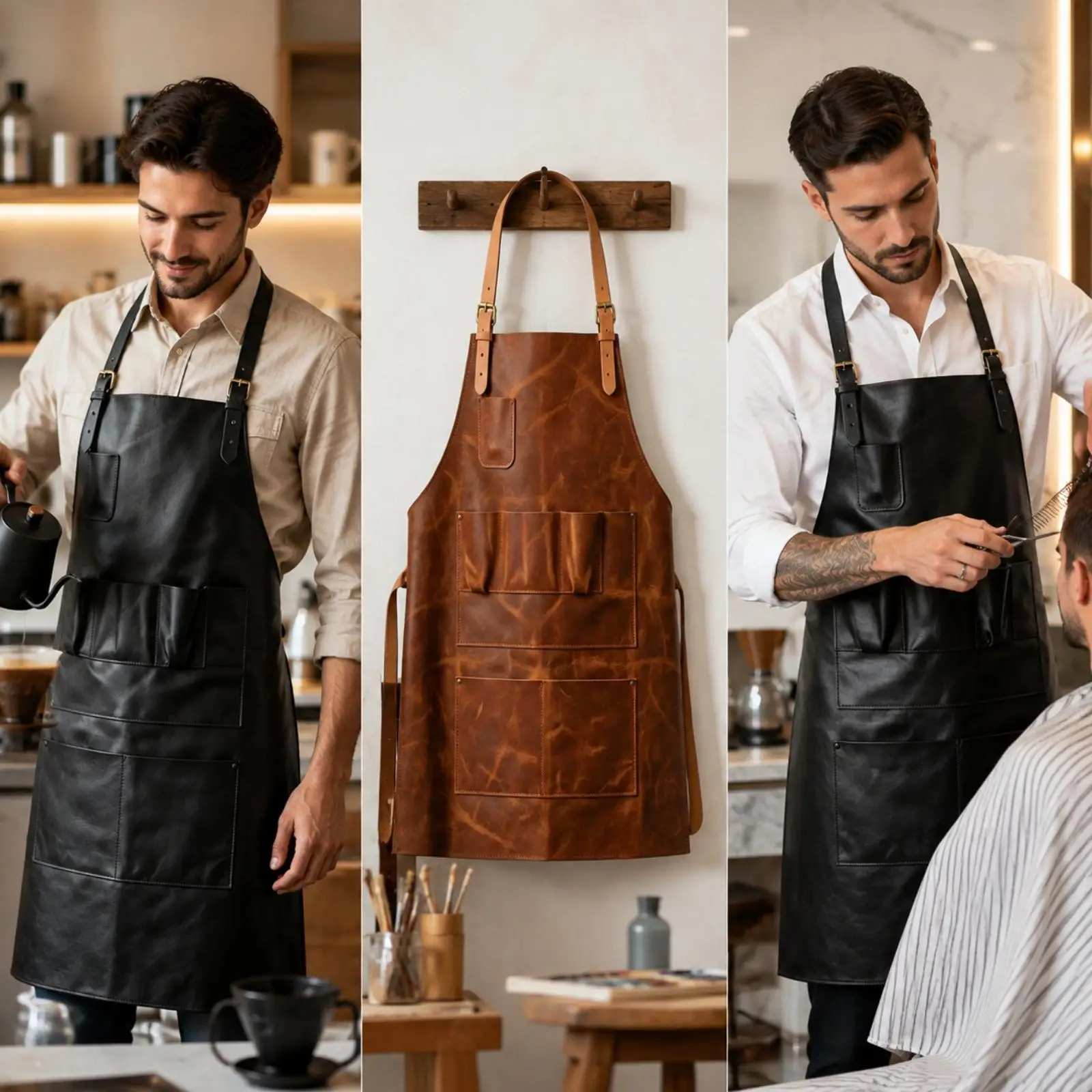 Professional Waterproof Apron for Kitchen Man with Reinforced Stitching and Utility Pockets PU Leather for Cooking Salon