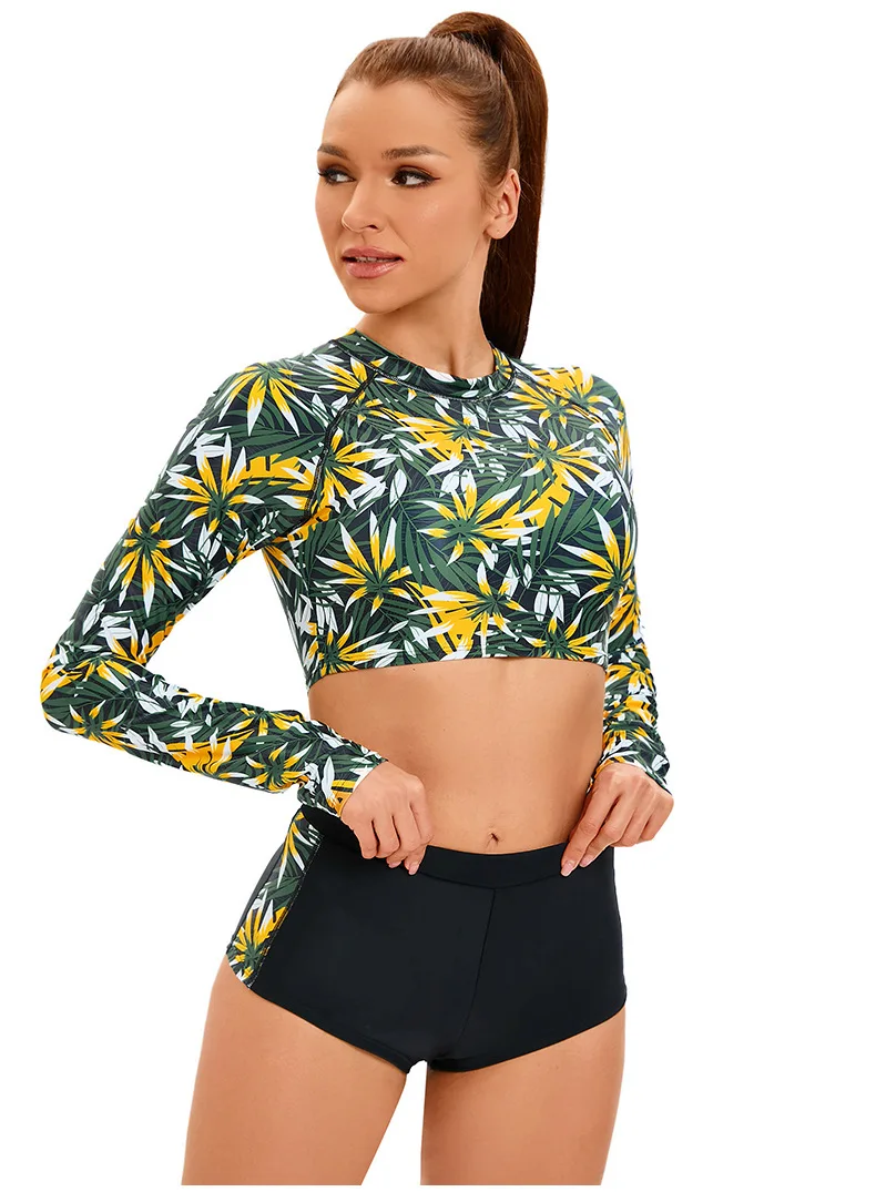 Riseado 2024 New Woman Long Sleeve Swimsuit Tropical Print Swimwear Bathing Suits Beachwear Summer Swimming Suits Beach Sport