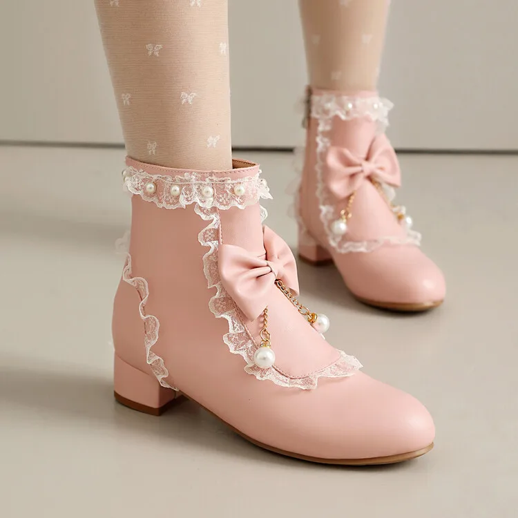 المرأة لطيف لوليتا الجوارب الجانب سستة حذاء بكعب سميك جولة تو الدانتيل Bowknot حذاء من الجلد الفتيات تأثيري فستان الحفلات أحذية موحدة #3