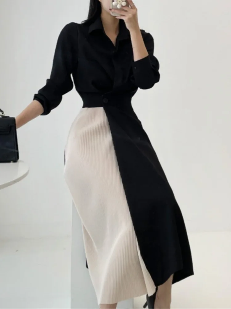 Chic Autumnal irt Dr Slimming Waist Design Long Sve Collar Stand out Color Blo Striped Pattern Commute Sle Single...